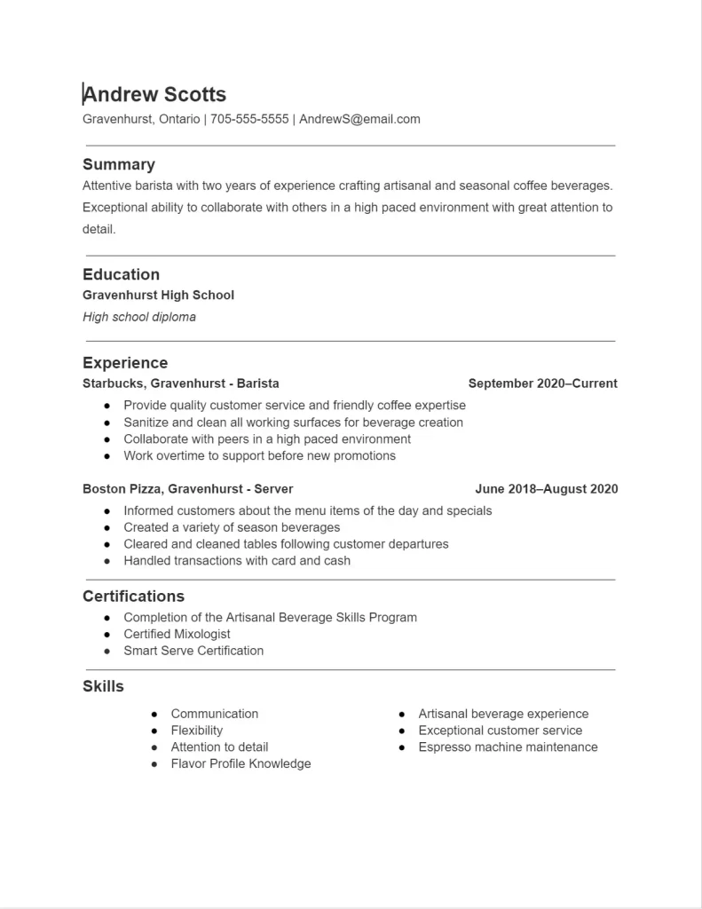 Barista Example Resume - Google Docs